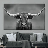 81228550-MGV-CV-36X24-Framed Texas Longhorn Bull Art Canvas Print, Western Bull Wall Art Print, Long Horn Bull Photo Print for Log Cabin, Large Bull