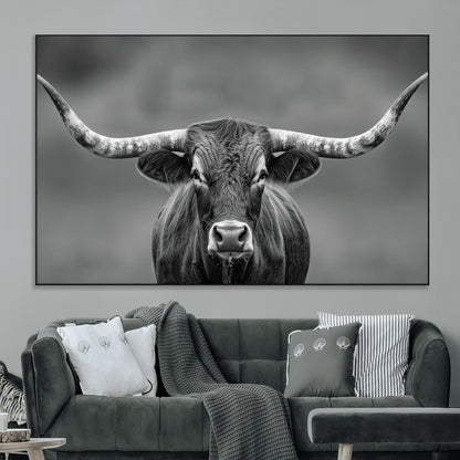 81228550-MGV-CV-36X24-Framed Texas Longhorn Bull Art Canvas Print, Western Bull Wall Art Print, Long Horn Bull Photo Print for Log Cabin, Large Bull