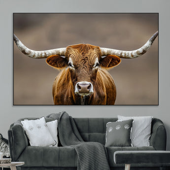 12179171-MGV-CV-36X24-Texas Longhorn Wall Art Canvas Print, Framed Brown Bull Art Picture Print, Lone Cattle Perfect Rustic Western Decor Artwork