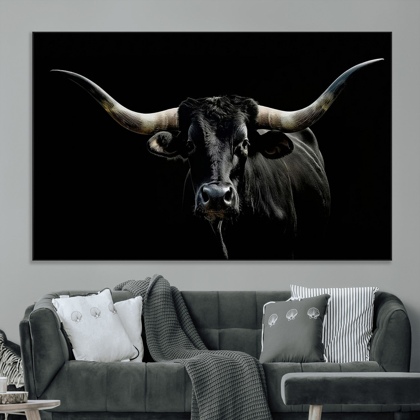 37531960-MGV-CV-36X24-Black Longhorn Bull Wall Art – Dramatic Western Cattle Canvas Print, Rustic Farmhouse Animal Artwork for Living Room, Bedroom,