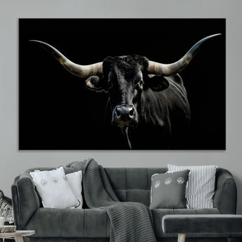 37531960-MGV-CV-36X24-Black Longhorn Bull Wall Art – Dramatic Western Cattle Canvas Print, Rustic Farmhouse Animal Artwork for Living Room, Bedroom,