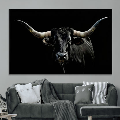 37531960-MGV-CV-36X24-Black Longhorn Bull Wall Art – Dramatic Western Cattle Canvas Print, Rustic Farmhouse Animal Artwork for Living Room, Bedroom,