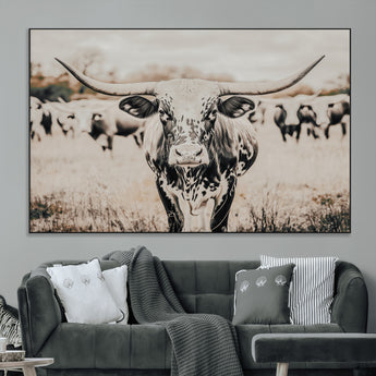 27497342-MGV-CV-36X24-Texas Longhorn Wall Art Canvas Print, Framed Speckled Cow Art Picture Print, Horned Cattle Perfect Rustic Western Decor Artwork