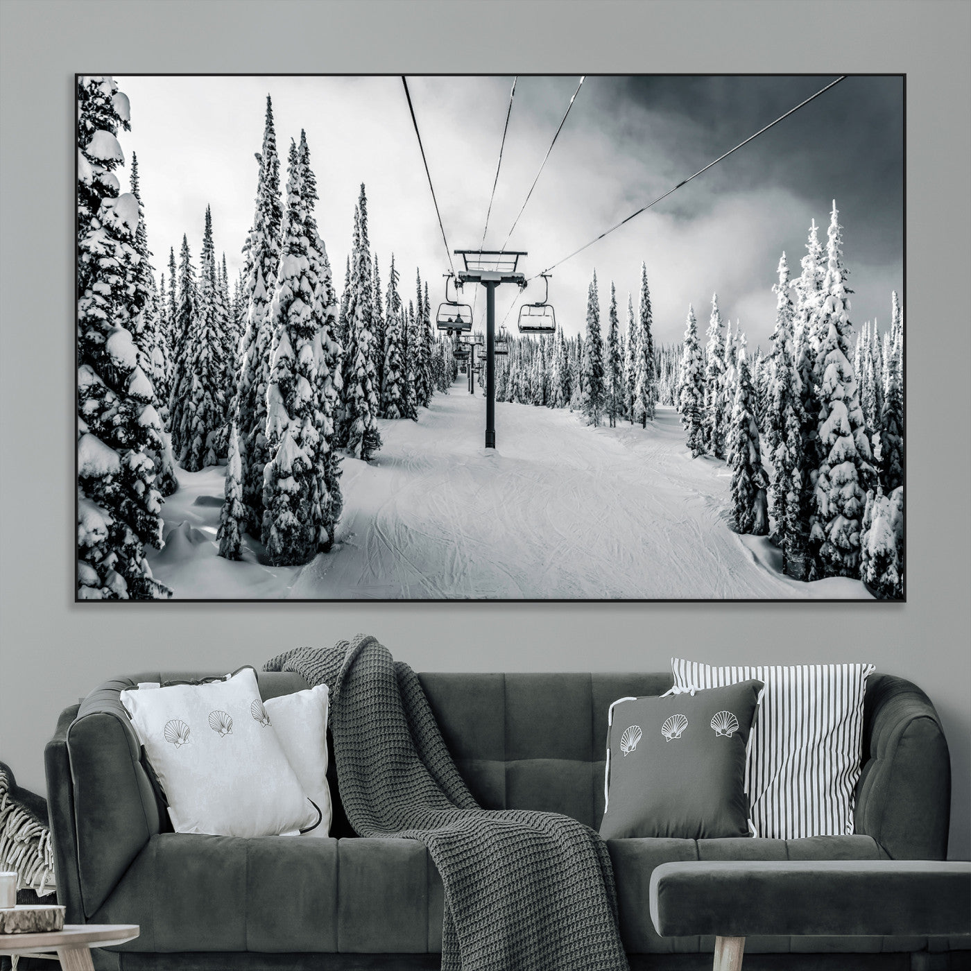 31156828-MGV-CV-36X24-Snowy Pines Wall Art Canvas Print, Framed Ski Lift Art Picture Print, Winter Forest Perfect Moody Lodge Decor Artwork