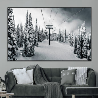 31156828-MGV-CV-36X24-Snowy Pines Wall Art Canvas Print, Framed Ski Lift Art Picture Print, Winter Forest Perfect Moody Lodge Decor Artwork