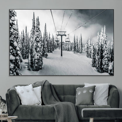 31156828-MGV-CV-36X24-Snowy Pines Wall Art Canvas Print, Framed Ski Lift Art Picture Print, Winter Forest Perfect Moody Lodge Decor Artwork