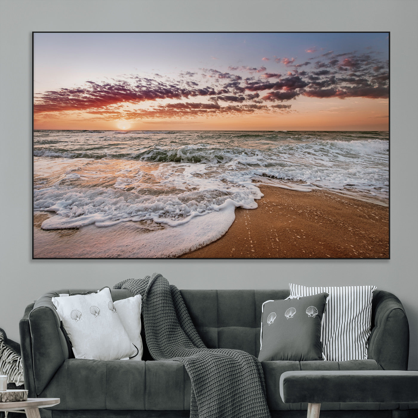 39846389-MGV-CV-36X24-Ocean Sunset Wall Art Canvas Print, Framed Sandy Shore Art Picture Print, Gentle Waves Perfect Minimalist Coastal Decor Artwork