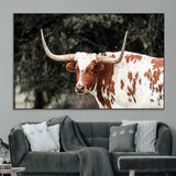 54027638-MGV-CV-36X24-Texas Longhorn Wall Art Canvas Print, Framed Spotted Cow Art Picture Print, Horned Bull Perfect Rustic Western Decor Artwork