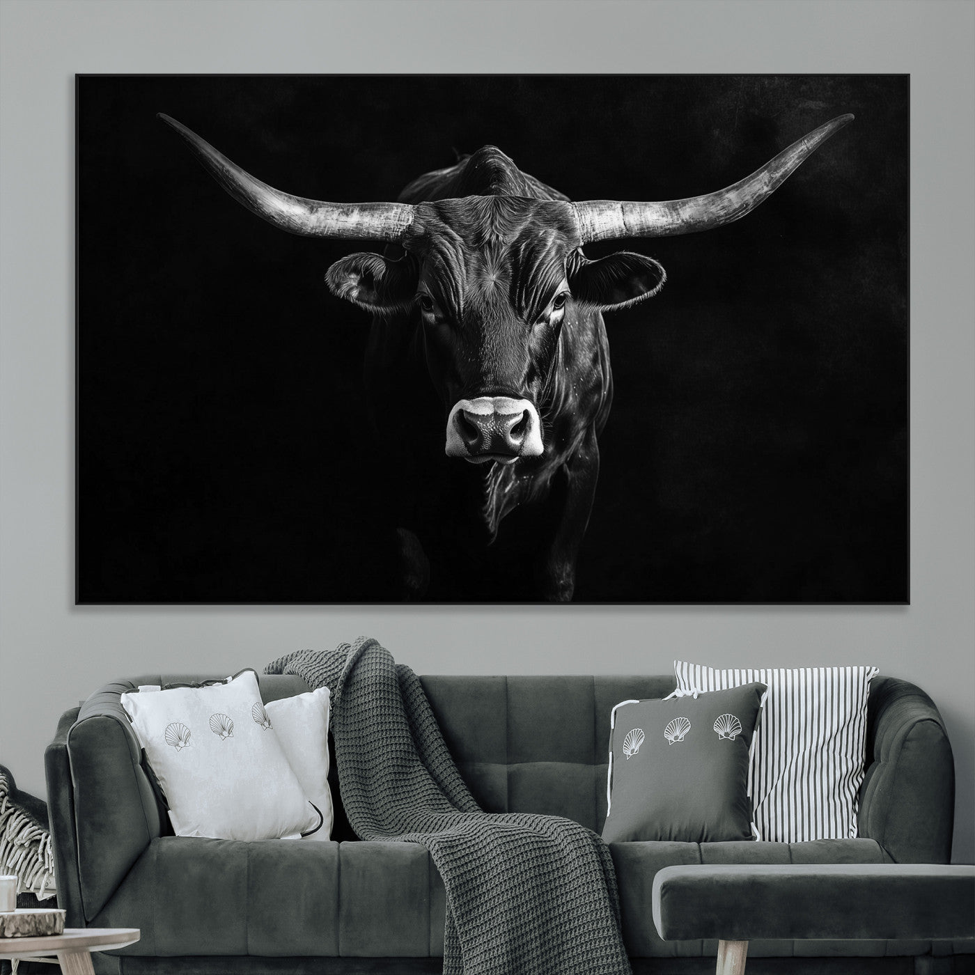 42077175-MGV-CV-36X24-Texas Longhorn Wall Art Canvas Print, Framed Monochrome Bull Art Picture Print, Horned Bull Perfect Rustic Western Decor Artwork