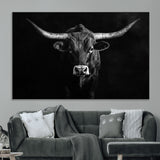 42077175-MGV-CV-36X24-Texas Longhorn Wall Art Canvas Print, Framed Monochrome Bull Art Picture Print, Horned Bull Perfect Rustic Western Decor Artwork