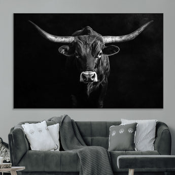 42077175-MGV-CV-36X24-Texas Longhorn Wall Art Canvas Print, Framed Monochrome Bull Art Picture Print, Horned Bull Perfect Rustic Western Decor Artwork