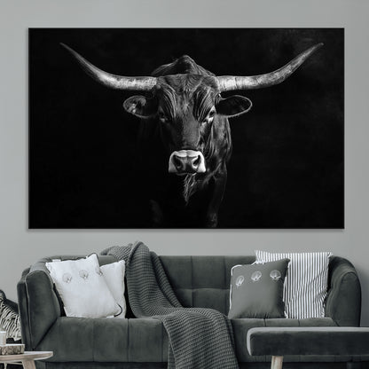 42077175-MGV-CV-36X24-Texas Longhorn Wall Art Canvas Print, Framed Monochrome Bull Art Picture Print, Horned Bull Perfect Rustic Western Decor Artwork