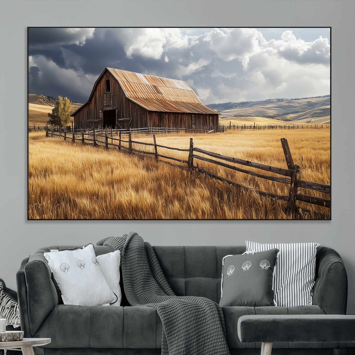 38758826-MGV-CV-36X24-Rustic Barn Wall Art Canvas Print, Framed Moody Barn Art Picture Print, Golden Field Perfect Rustic Farmhouse Decor Artwork