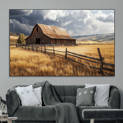 38758826-MGV-CV-36X24-Rustic Barn Wall Art Canvas Print, Framed Moody Barn Art Picture Print, Golden Field Perfect Rustic Farmhouse Decor Artwork