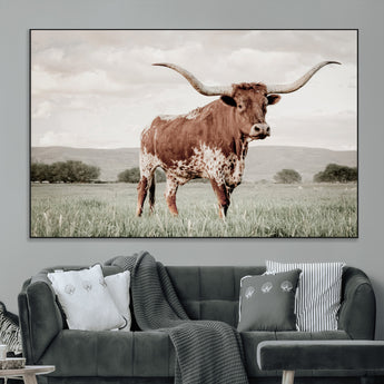 28309012-MGV-CV-36X24-Texas Longhorn Wall Art Canvas Print, Framed Spotted Cattle Art Picture Print, Horned Bull Perfect Rustic Western Decor Artwork