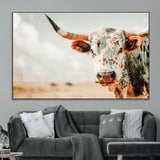72766375-MGV-CV-36X24-Texas Longhorn Wall Art Canvas Print, Framed Spotted Cow Art Picture Print, Horned Cattle Perfect Rustic Western Decor Artwork