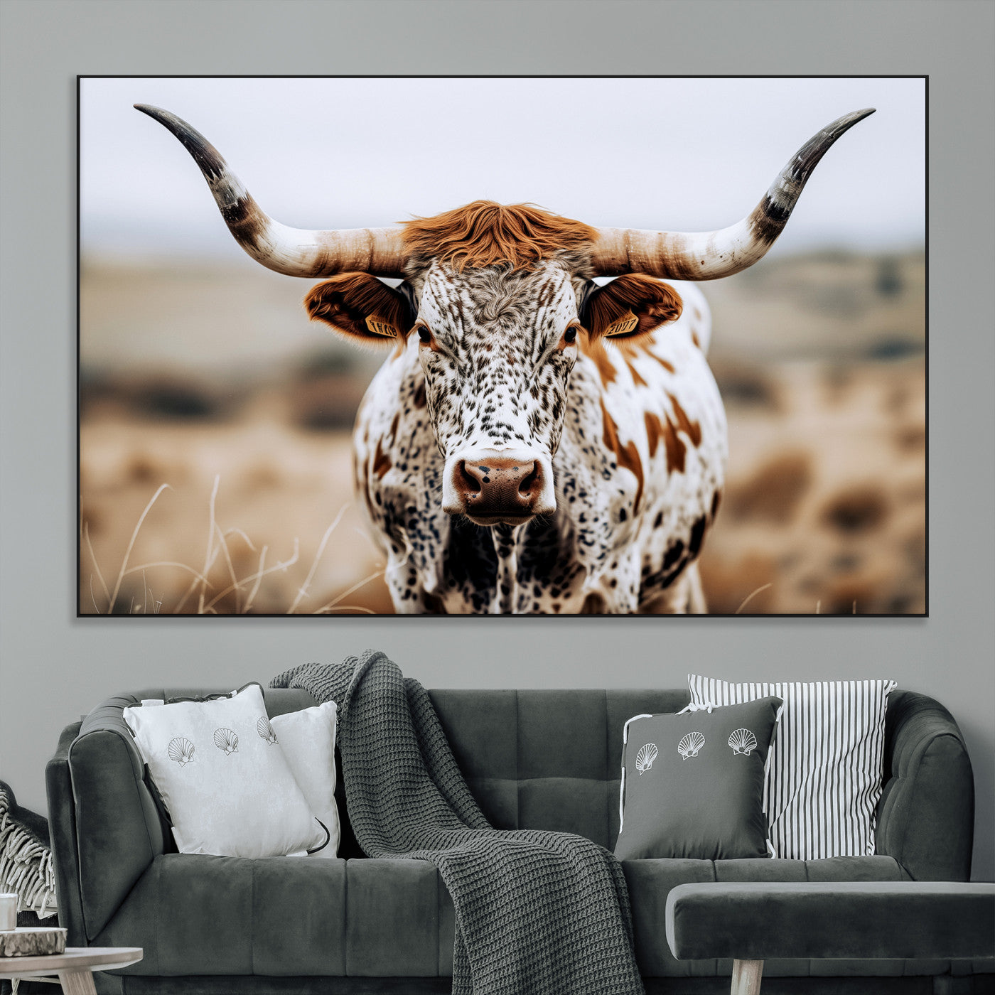 76294381-MGV-CV-36X24-Texas Longhorn Wall Art Canvas Print, Framed Spotted Cow Art Picture Print, Horned Cattle Perfect Rustic Western Decor Artwork