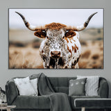 76294381-MGV-CV-36X24-Texas Longhorn Wall Art Canvas Print, Framed Spotted Cow Art Picture Print, Horned Cattle Perfect Rustic Western Decor Artwork