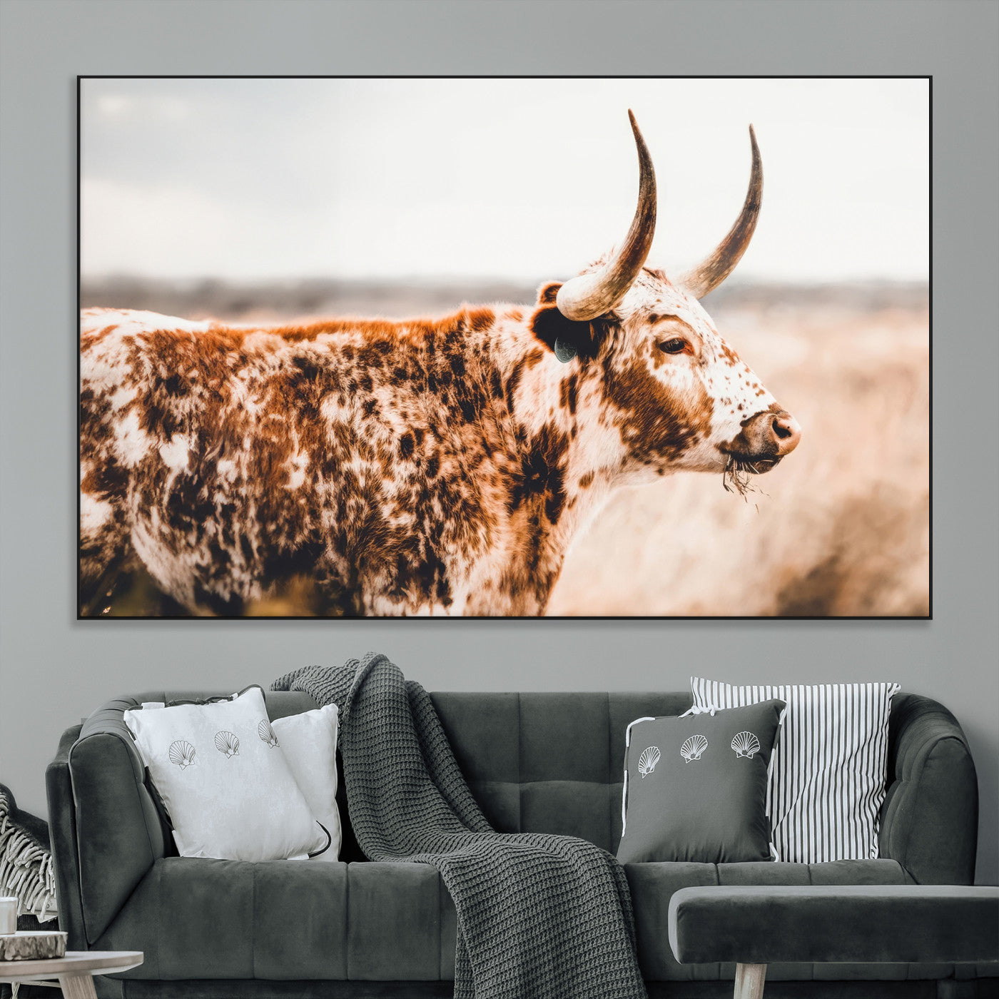 11528295-MGV-CV-36X24-Speckled Longhorn Wall Art Canvas Print, Framed Texas Cattle Art Picture Print, Horned Cow Perfect Rustic Western Decor Artwork