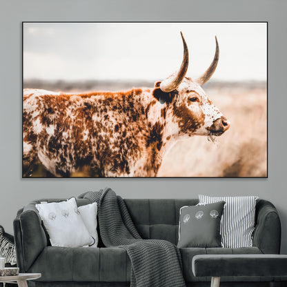 11528295-MGV-CV-36X24-Speckled Longhorn Wall Art Canvas Print, Framed Texas Cattle Art Picture Print, Horned Cow Perfect Rustic Western Decor Artwork