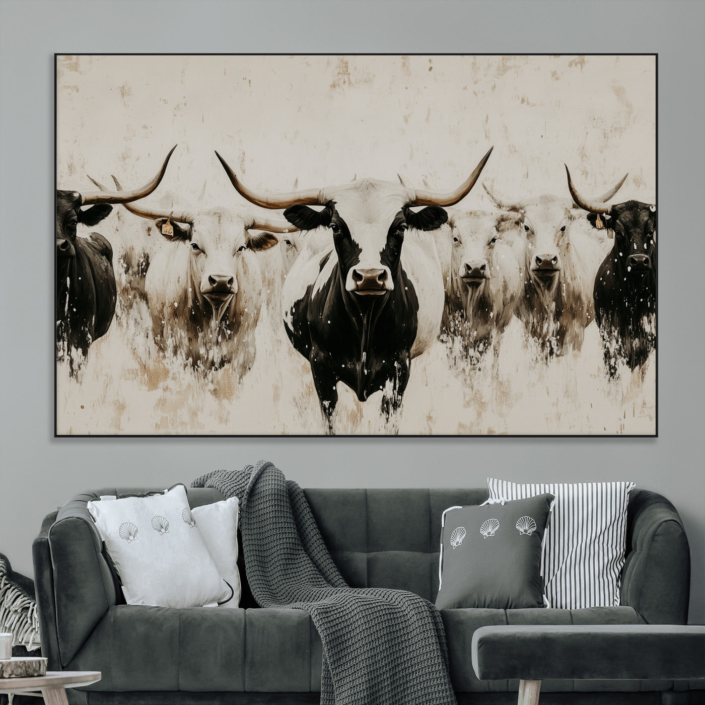 12027562-MGV-CV-36X24-Longhorn Cattle Wall Art Canvas Print, Framed Bison Herd Art Picture Print, Cattle Group Perfect Rustic Farmhouse Decor Artwork