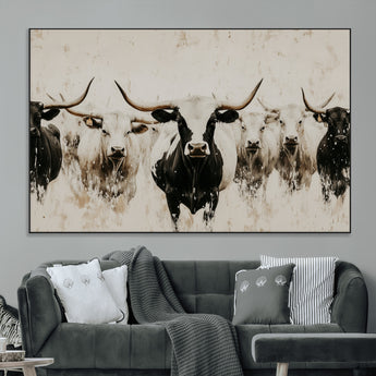 12027562-MGV-CV-36X24-Longhorn Cattle Wall Art Canvas Print, Framed Bison Herd Art Picture Print, Cattle Group Perfect Rustic Farmhouse Decor Artwork
