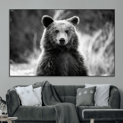 SEG-FC-51X34_Oversize - Grizzly Bear Wall Art Canvas Print, Framed Black White Bear Art Picture Print, Wild Bear Perfect Rustic Wildlife Decor Artwork