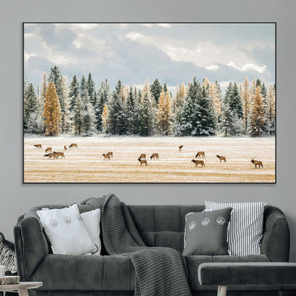 64188182-MGV-CV-36X24-Elk Herd Wall Art Canvas Print, Framed Snowy Forest Art Picture Print, Forest Elks Perfect Neutral Rustic Decor Artwork