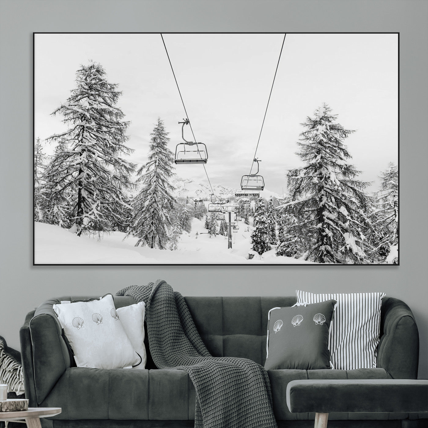 55003599-MGV-CV-36X24-Snowy Ski Lift Wall Art Canvas Print, Framed Winter Forest Art Picture Print, Ski lift Ride Perfect Winter Lodge Decor Artwork