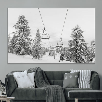 55003599-MGV-CV-36X24-Snowy Ski Lift Wall Art Canvas Print, Framed Winter Forest Art Picture Print, Ski lift Ride Perfect Winter Lodge Decor Artwork