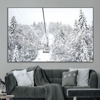 60296839-MGV-CV-36X24-Snowy Mountains Wall Art Canvas Print, Framed Ski Lift Art Picture Print, Winter Forest Perfect Winter Minimalist Decor Artwork