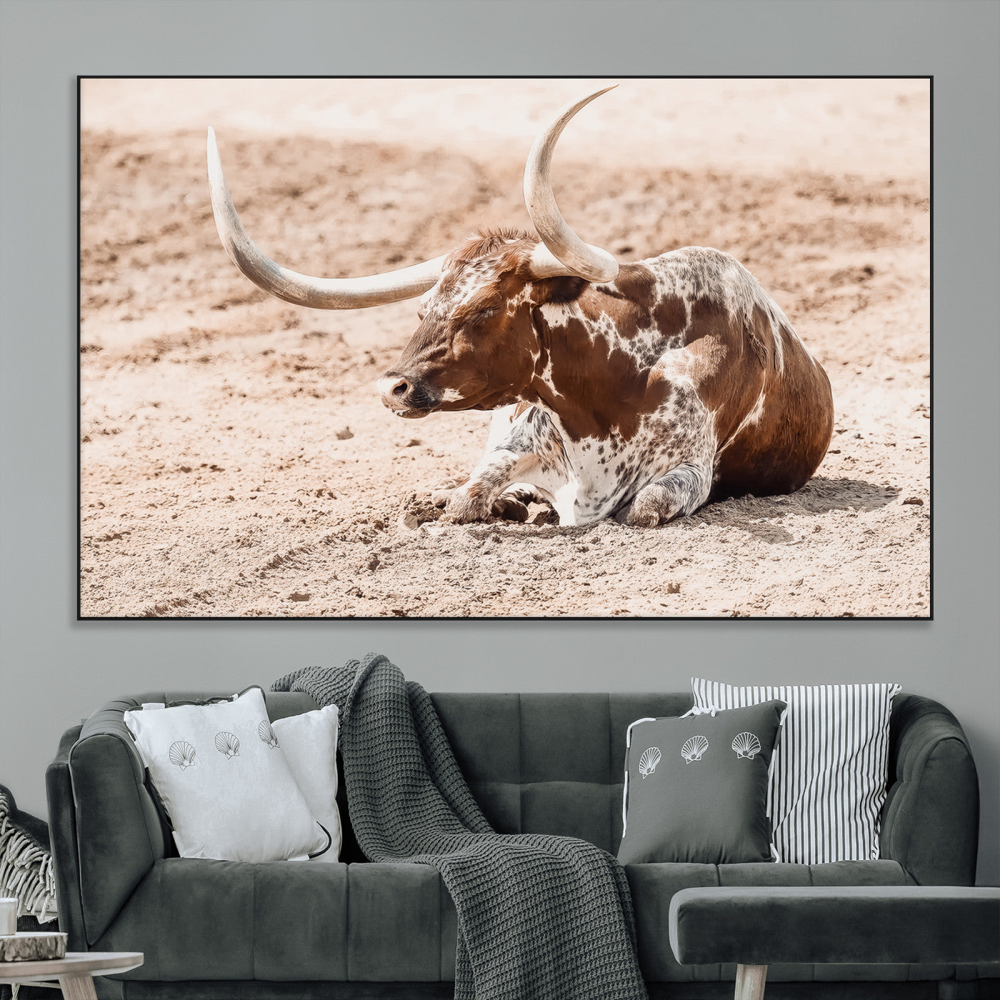 91248682-MGV-CV-36X24-Texas Longhorn Wall Art Canvas Print, Framed Resting Bull Art Picture Print, Spotted Cattle Perfect Rustic Western Decor Artwork