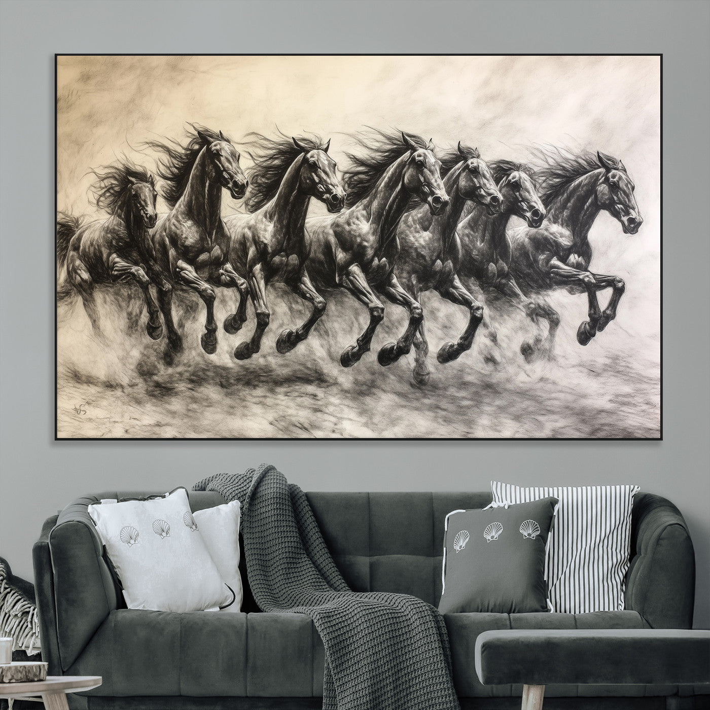 56089591-MGV-CV-36X24-Galloping Horses Wall Art Canvas Print, Framed Wild Stallions Art Picture Print, Horse Herd Sketch Perfect Monochrome Dynamic
