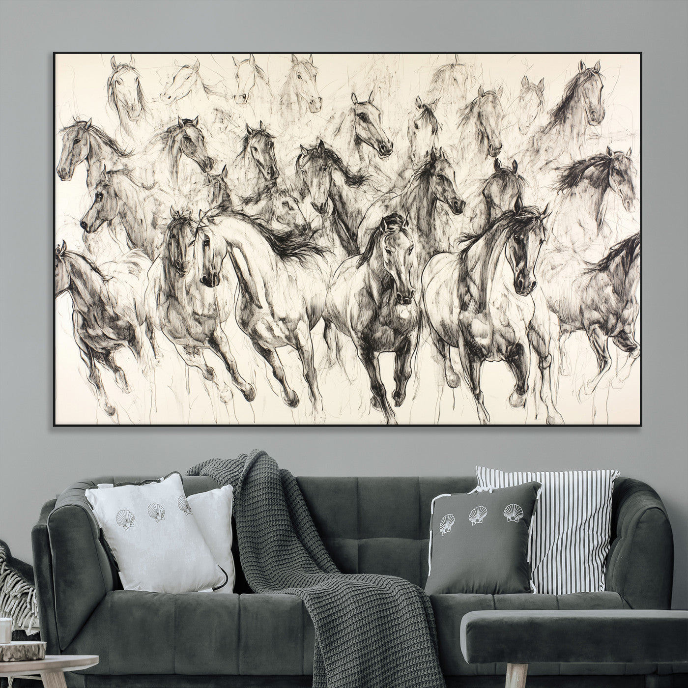 19433417-MGV-CV-36X24-Running Horses Wall Art Canvas Print, Framed Horse Sketch Art Picture Print, Galloping Herd Perfect Monochrome Western Decor