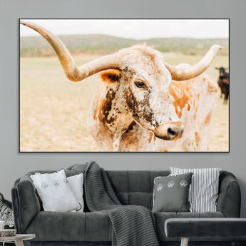 21060648-MGV-CV-36X24-Texas Longhorn Wall Art Canvas Print, Framed Speckled Cow Art Picture Print, Rustic Bull Perfect Rustic Western Decor Artwork
