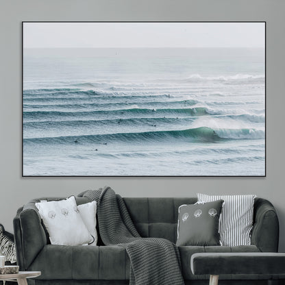 73969318-MGV-CV-36X24-Ocean Waves Wall Art Canvas Print, Framed Surfer Lineup Art Picture Print, Crowded Ocean Perfect Minimal Coastal Decor Artwork