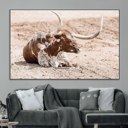 25407592-MGV-CV-36X24-Texas Longhorn Wall Art Canvas Print, Framed Resting Bull Art Picture Print, Spotted Cattle Perfect Rustic Western Decor Artwork
