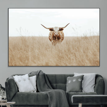 20927060-MGV-CV-36X24-Texas Longhorn Wall Art Canvas Print, Framed Lone Cattle Art Picture Print, Longhorn Bull Perfect Rustic Western Decor Artwork