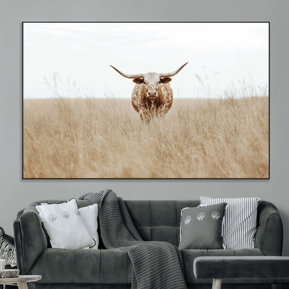 20927060-MGV-CV-36X24-Texas Longhorn Wall Art Canvas Print, Framed Lone Cattle Art Picture Print, Longhorn Bull Perfect Rustic Western Decor Artwork
