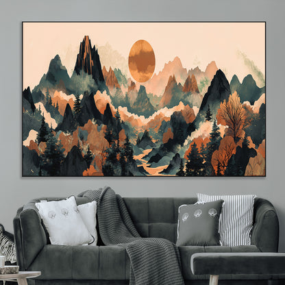 13012770-MGV-CV-36X24-Mountain Landscape Wall Art – Modern Nature Canvas Print with Sun, Misty Peaks, and Forest in Orange and Green Tones for Living