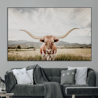 80054319-MGV-CV-36X24-Texas Longhorn Wall Art Canvas Print, Framed Western Cow Art Picture Print, Rustic Farmhouse Perfect Farmhouse Decor Artwork