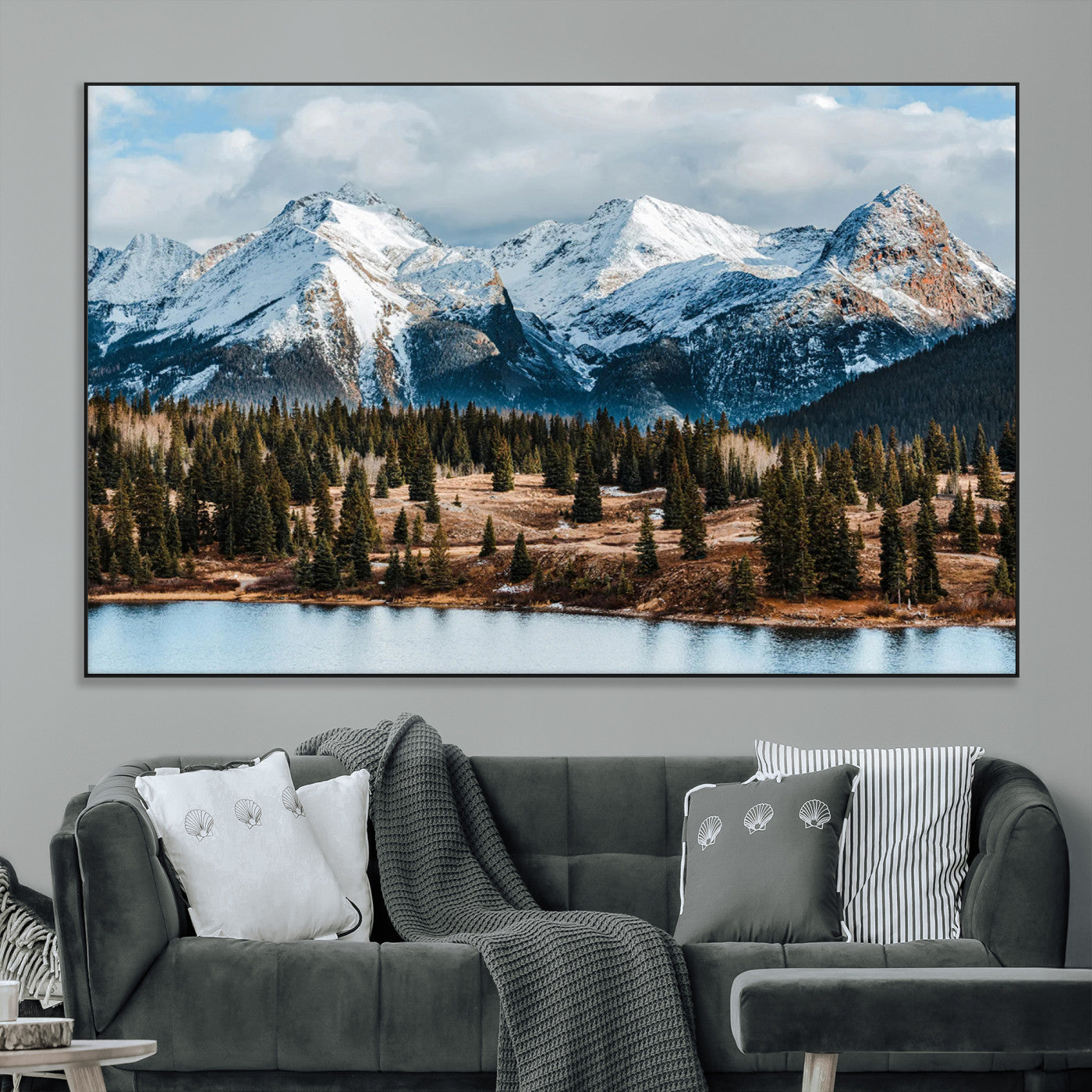 36247746-MGV-CV-36X24-Snowy Peaks Wall Art Canvas Print, Framed Alpine Lake Art Picture Print, Pine Forest Perfect Alpine Wilderness Decor Artwork