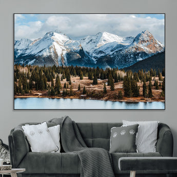 36247746-MGV-CV-36X24-Snowy Peaks Wall Art Canvas Print, Framed Alpine Lake Art Picture Print, Pine Forest Perfect Alpine Wilderness Decor Artwork