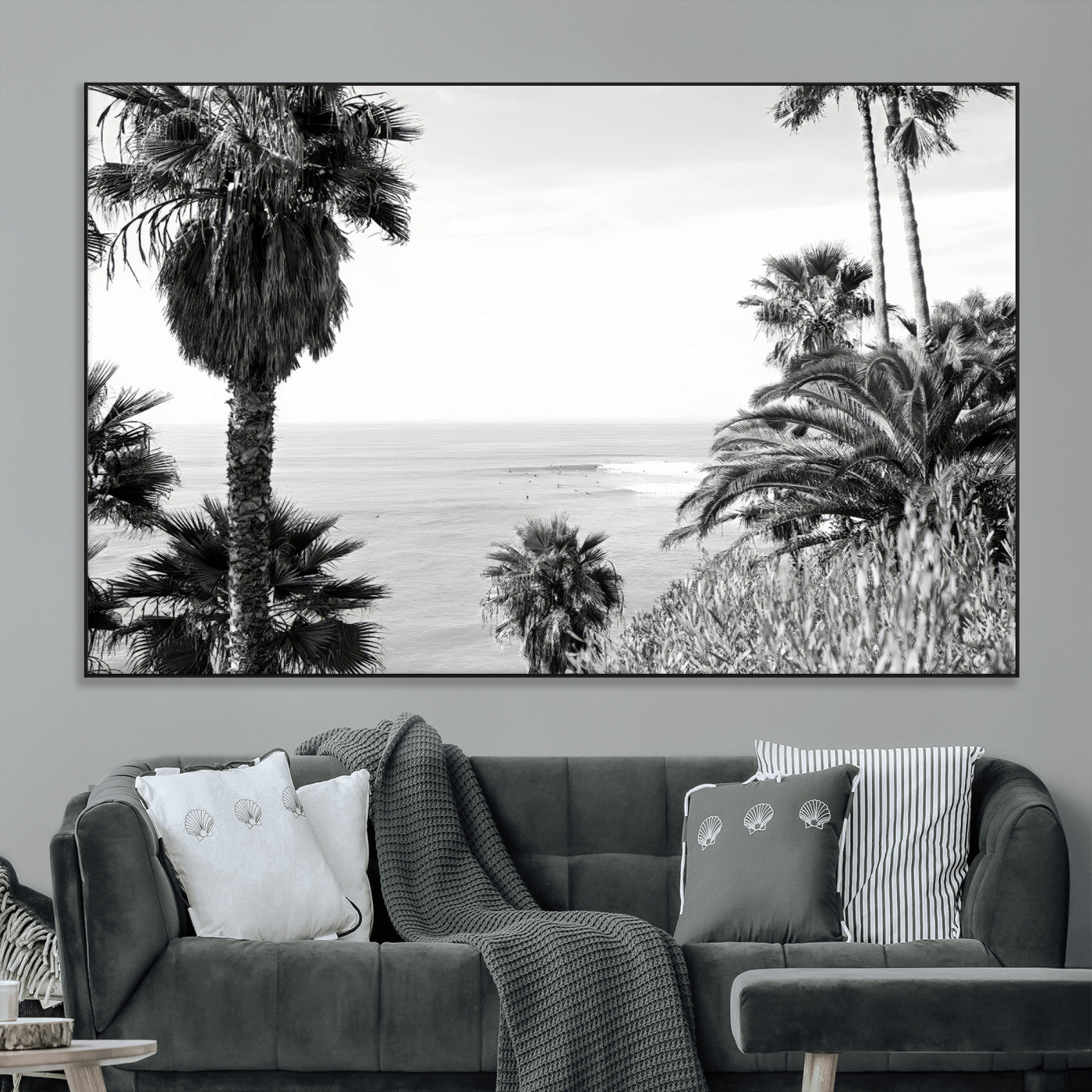 89458520-MGV-CV-36X24-Palm Trees Wall Art Canvas Print, Framed Coastal View Art Picture Print, Ocean Horizon Perfect Monochrome Coast Decor Artwork
