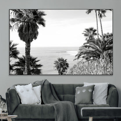 89458520-MGV-CV-36X24-Palm Trees Wall Art Canvas Print, Framed Coastal View Art Picture Print, Ocean Horizon Perfect Monochrome Coast Decor Artwork