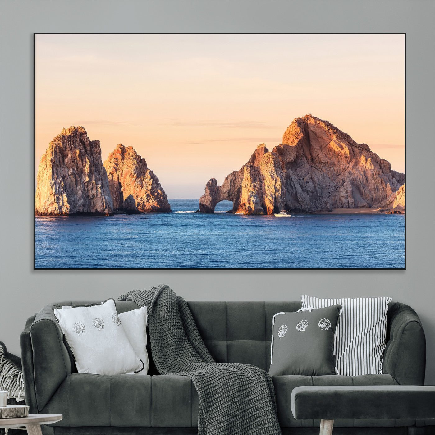 72996116-MGV-CV-36X24-El Arco Wall Art Canvas Print, Framed Cabo Rocks Art Picture Print, Ocean Arch Perfect Golden Coastal Landmark Decor Artwork