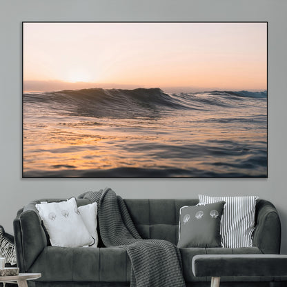 46299358-MGV-CV-36X24-Sunset Waves Wall Art Canvas Print, Framed Ocean Horizon Art Picture Print, Golden Water Perfect Golden Hour Coastal Decor Artwork