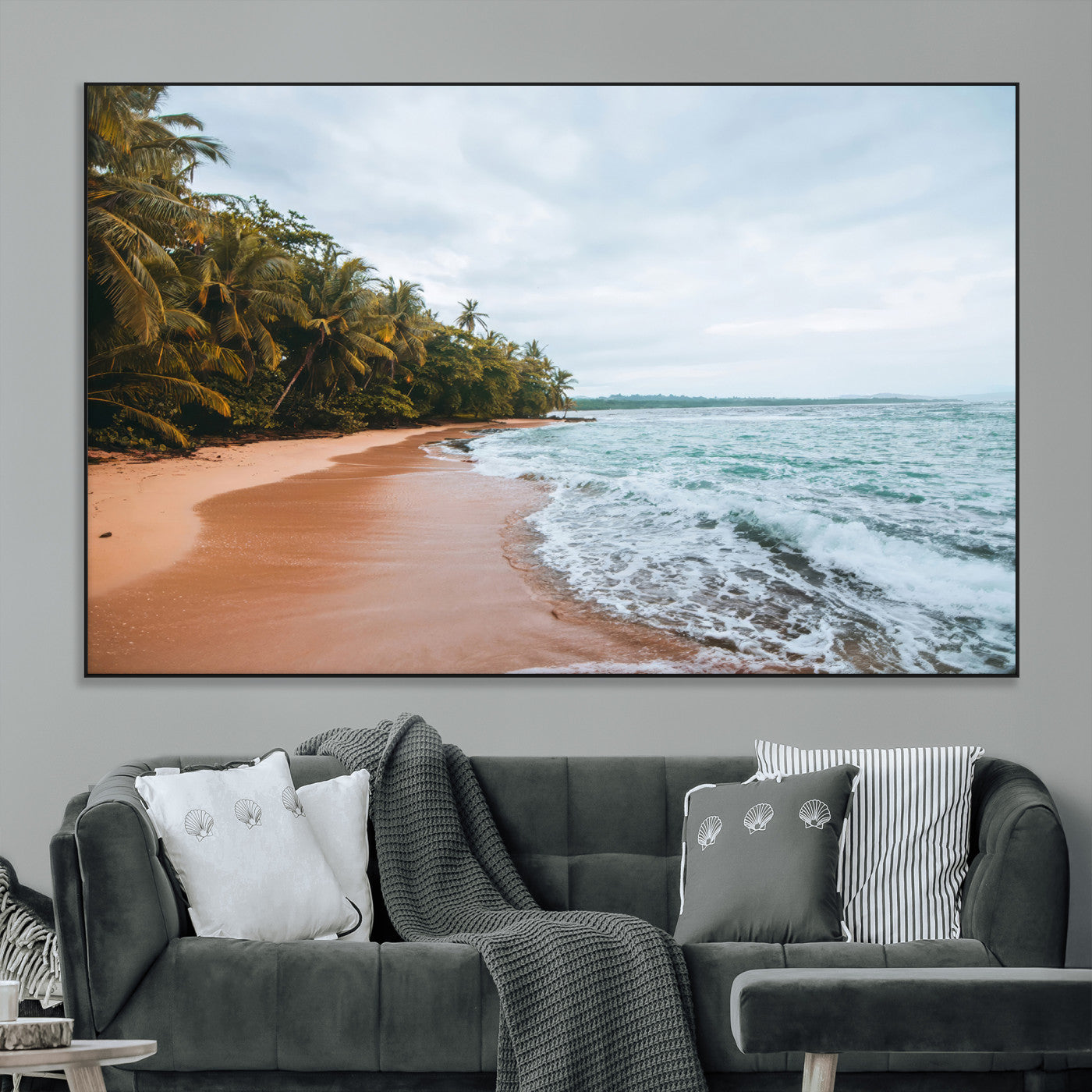 88125882-MGV-CV-36X24-Tropical Shoreline Wall Art Canvas Print, Framed Palm Trees Art Picture Print, Tropical Ocean Perfect Tropical Coastal Decor