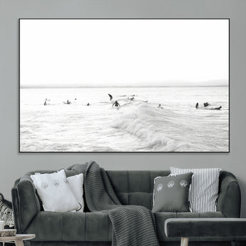 33449548-MGV-CV-36X24-Group Surfers Wall Art Canvas Print, Framed Ocean Wave Art Picture Print, Surf Crowd Perfect Monochrome Surf Decor Artwork