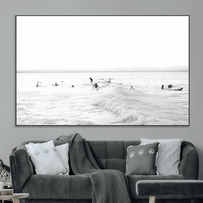 33449548-MGV-CV-36X24-Group Surfers Wall Art Canvas Print, Framed Ocean Wave Art Picture Print, Surf Crowd Perfect Monochrome Surf Decor Artwork